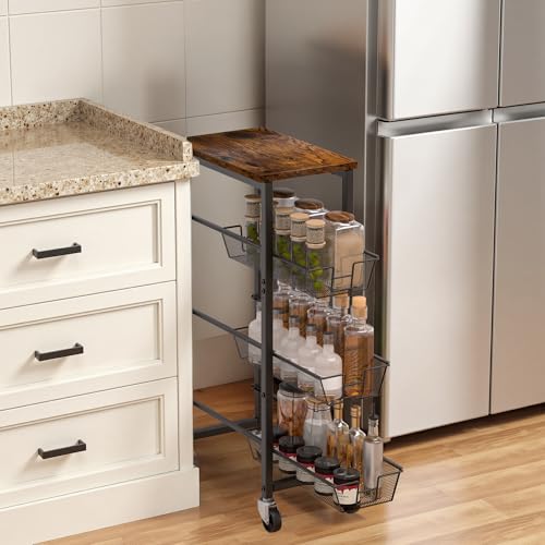 Slim Rolling Cart, 4-Tier Storage Cart, 9.1inch Narrow Kitchen Rolling Cart on Wheels for Small Space, Utility Cart Shelving Unit with Wooden Top and Metal Handle for Kitchen, Bathroom, Laundry Room - size: 4 Tiers (9.1"D x 30.3"H)
