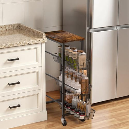 Slim Rolling Cart, 4-Tier Storage Cart, 9.1inch Narrow Kitchen Rolling Cart on Wheels for Small Space, Utility Cart Shelving Unit with Wooden Top and Metal Handle for Kitchen, Bathroom, Laundry Room - size: 4 Tiers (9.1"D x 30.3"H)