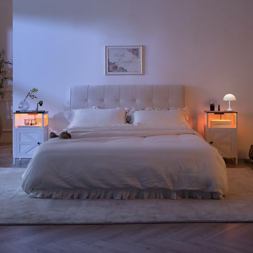 Yoobure Farmhouse NightStand with Charging Station，Wood Night Stand End Table with USB Ports, LED Bed Side Table with Storage Cabinet，Bedside Table for Bedroom, Living Room White - color: White
