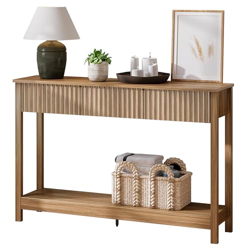 Treocho 47" Fluted Console Table with 3 Drawers and Storage Shelf | Narrow Long Entryway Table,Behind Couch Accent Tables, Entrance Foyer, Hallway, Living Room, Brown - color: Brown