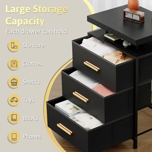 DreamDashio Nightstand Set of 2 with LED Lights, 3 Fabric Storage Drawers with PU Finish, Floating Top Design, Bedside Table with Open Shelf, End Table for Bedroom, Living Room, Office Black - color: Black (2 Pack)