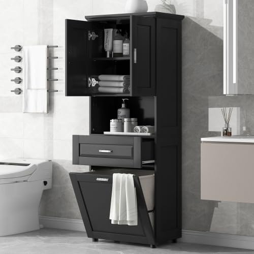 Tall Storage Cabinet, Bathroom Floor Freestanding Storage Cabinet with 2 Doors, One Drawer, and Tilt-Out Laundry Hamper for Bathroom, Office, Living Room, Black - color: Black/2 Doors
