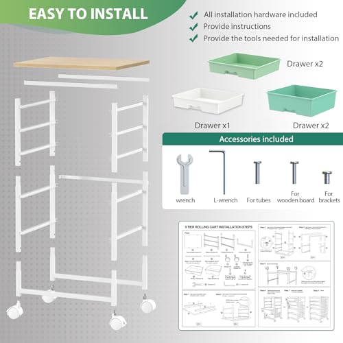 Goovilla Rolling Cart with Drawers, Utility Cart Organizer With 5 Removable Drawers and Wooden Tabletop, Lockable Rolling Storage Organizer for Art, Classroom, Home, Dorm, Office, Craft Storage, Green - size: Green