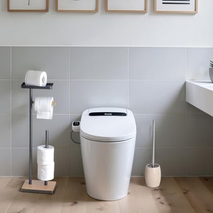 Clasin Home Toilet Paper Holder Stand, Free Standing Toilet Paper Holder with Storage and Top Shelf, Black Toilet Paper Stand Weighted Base with Bamboo Design for Bathroom - color: Black With Bamboo Base
