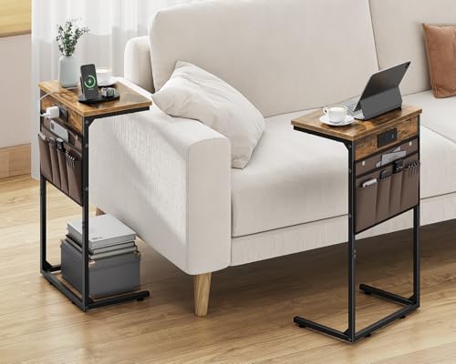 C Shaped End Table with Charging Station, 28" Tall Couch Side Table, Sofa Table Beside Table, Slide Under Sofa Arm C Table for Small Spaces, TV Tray Table for Living Room, Bedroom, Brown - color: Rustic Brown