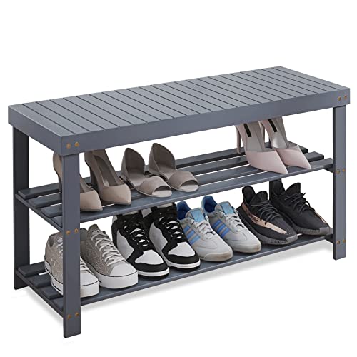 SMIBUY Bamboo Shoe Rack Bench, 3-Tier Shoe Organizer Storage Shelf for Entryway Hallway Bathroom Living Room (Grey) - color: Grey