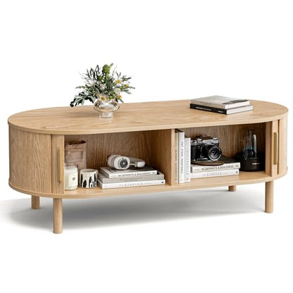 ZttRiee Oval Coffee Table with Sliding Doors, Modern, Natural | 47.24"L x 21.65"W x 16.14"H, 200 lbs capacity, 2 front & back storage areas, ~60 min assembly - color: Oak_lsj032-n
