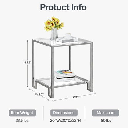 2 Tier Square End Table Side Table with Tempered Glass Top and Silver Stainless Steel Frame Modern Night Stand for Small Spaces Side Table with Storage for Living Room Bedroom - color: Silver, style: Style 1