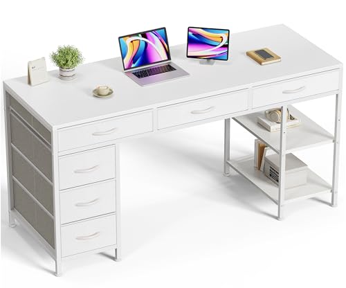 Huuger Computer Desk with 6 Drawers, Office Desk with Shelves, Reversible Gaming Desk, Corner Desk with Storage, Work for Home Office, Study, Living Room, 54inch, White - color: White, size: 54 inch