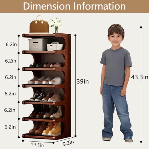 7-Tier Vertical Shoe Rack, Bamboo Free Standing Shoe Rack Shelf, Shoe Storage Stand, Entryway Shoe Tower, Vertical Shoe Organizer for Narrow Closet, Entryway, Hallway - color: Walnut Brown