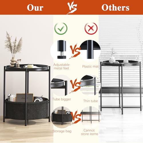 Garden 4 you Side Table with Fabric Storage Basket, Round Metal End Table, Small Bedside Table Nightstand with Removable Tray, for Nursery, Living Room, Bedroom, Bathroom, Black - color: Black