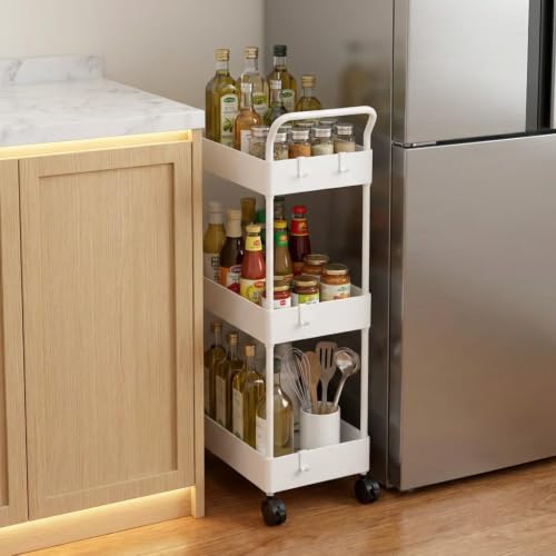 danpinera Storage Cart on Wheels, 3 Tier Slim Laundry with Wheels Bathroom Organizer with Hanging Cups Hooks Dividers Handle Mobile Rolling Art Cart for Bathroom Kitchen Narrow Places, White - style: 3 Tier White