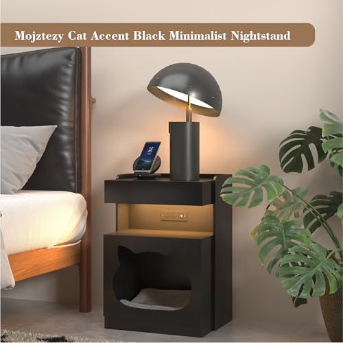 Mojztezy Black Bedside Table with Cat Design, Built-in Charging Station & Soft LED Light, Minimalist Pet-Friendly Storage Nightstand, Stylish Accent Furniture for Bedroom, Office and Living Room