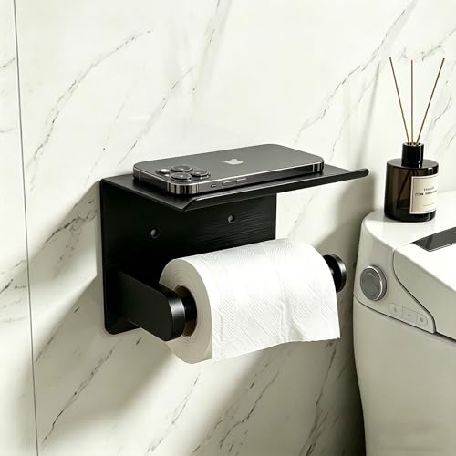 Stainless Steel Wall Mounted Toilet Paper Holder with Phone Stand - Bathroom Accessory for Mega Rolls (Matte Black)