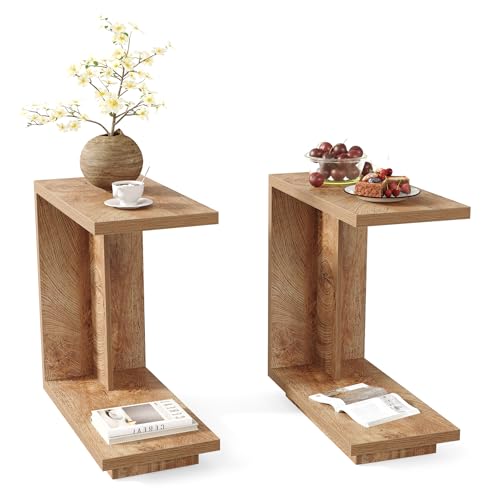 LITTLE TREE C-Shaped Side Table Set of 2, Narrow 2-Tier End Table for Living Room, Couch, Bedroom, Bedside, Nightstand, Brown - size: 2