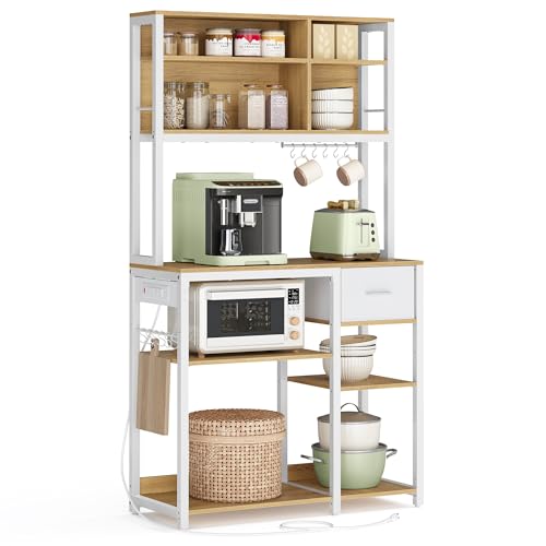 VASAGLE Bakers Rack with Charging Station, Coffee Bar, 15.7 x 31.5 x 71 Inches, Kitchen Microwave Stand, Adjustable Storage Shelves, Fabric Drawer, 12 Hooks, Golden Oak and Cloud White UKKS015Y03 - color: Golden Oak + Cloud White, size: 15.7"D x 31.5"W