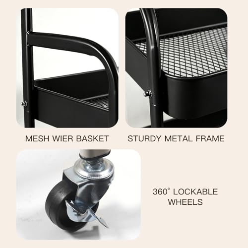 3 Tier Rolling Cart with Walnut Table Top, Sturdy Metal Storage Cart with Lockable Wheels, Multi-Purpose Mobile Shelf for Kitchen, Bedroom, Snacks, Coffee, Craft, Makeup, Garage (Black) - color: Black