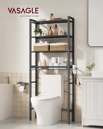 VASAGLE BARNET Collection - Over the Toilet Storage, Over Toilet Bathroom Organizer with Adjustable Shelves and Basket, 3 Hooks, Space Saving, 9.4 x 23.6 x 68.1 Inches, Ebony Black UBTS114BE01S - color: Ebony Black, style: 4 Tiers (68.1" H)