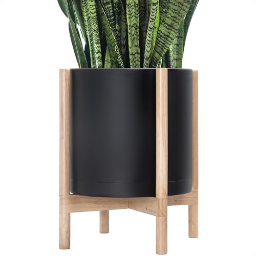 D'vine Dev Plastic Pot with Natural Wood Stand, Black, 14 in, 55-C-S-2 | Mid-Century Inspired Design, Elevated Plant Display, Clean Lines, Sturdy Support, Modern Space-Saving Style - color: Matte Black Pot + Natural Stand, size: 14 Inch