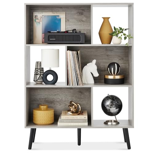 Best Choice Products 3-Tier Mid-Century Modern Wooden Bookcase, 6-Cube Organizer for Nursery, Kids Room, Living Room, w/Removable Back Panels, Pine Legs - Gray - color: Grey