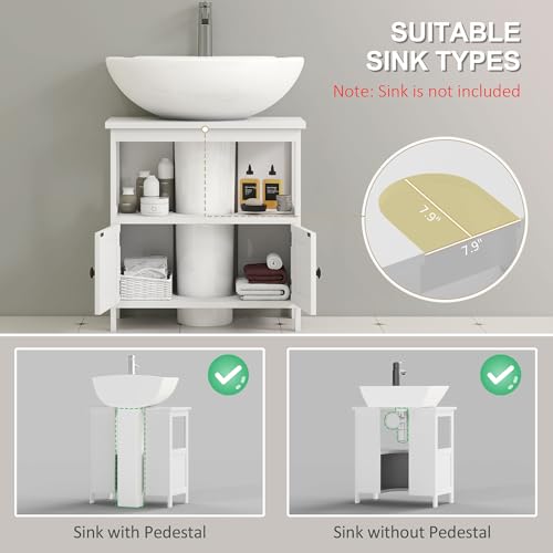 kleankin Pedestal Sink Storage Cabinet, Bathroom Under Sink Cabinet with 2 Doors and Open Shelf, Bathroom Vanity, White - color: White