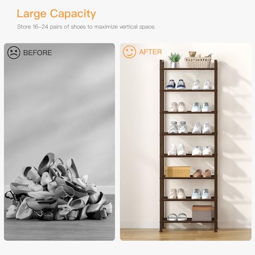 usikey 8 Tiers Narrow Shoe Rack 16-24 Pairs, Sturdy Metal Tall Shoe Rack with 4 Hooks, Slim Shoe Storage Organizer with Metal Shelf, Space Saving Vertical Shoe Shelf for Closet Entryway, Bronze - color: 8 Tier ( 17.9 X 11 X 55.5 Inches)-bronze