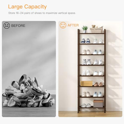 usikey 8 Tiers Narrow Shoe Rack 16-24 Pairs, Sturdy Metal Tall Shoe Rack with 4 Hooks, Slim Shoe Storage Organizer with Metal Shelf, Space Saving Vertical Shoe Shelf for Closet Entryway, Bronze - color: 8 Tier ( 17.9 X 11 X 55.5 Inches)-bronze