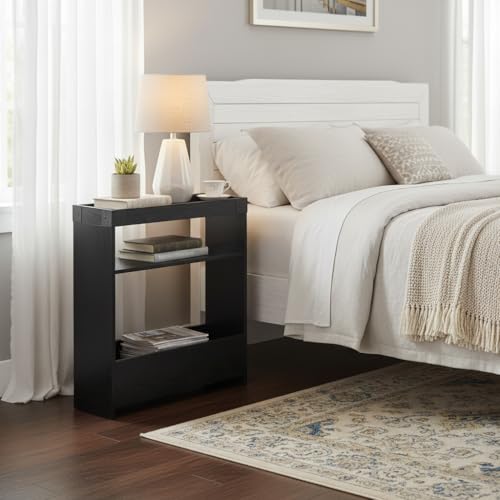 Farmhouse Narrow Side Table with Tray Top & Magazine Rack, 24" H Sofa Couch Side Table with Storage Shelf, Slim End Table for Small Spaces, Modern Nightstand for Bedroom, Living Room (Black) - color: Black