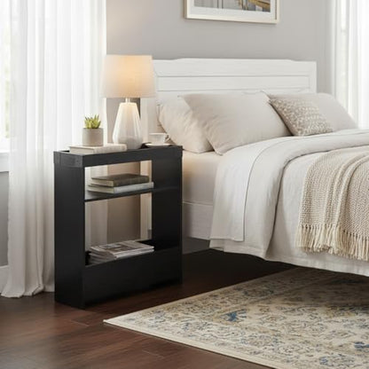 Farmhouse Narrow Side Table with Tray Top & Magazine Rack, 24" H Sofa Couch Side Table with Storage Shelf, Slim End Table for Small Spaces, Modern Nightstand for Bedroom, Living Room (Black) - color: Black