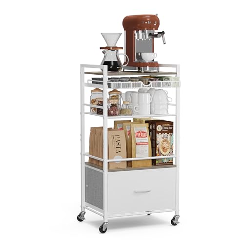 Coffee Bar Cabinet with Storage，5 Tier Coffee Station Table on Wheels, 33.6" H Cart with Drawer for Home Kitchen, Liquor Buffet Sideboard Cabinet (Modern White) - color: White