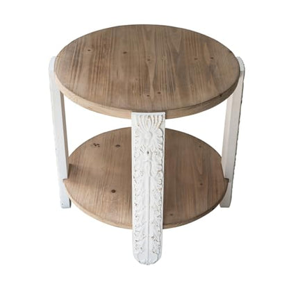 20'' Wood Side Table End Table 2-Tier for Living Room, Modern Contemporary Farmhouse Style for Bedroom, Carved Leg & Easy Assembly, Brown & White - color: 20in-brown & White