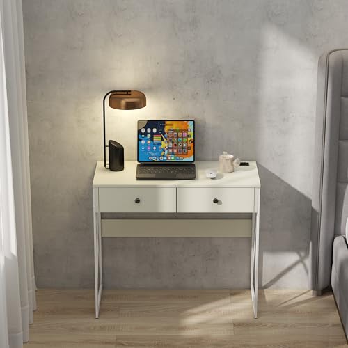 Manora Compact Computer Desk with Power Outlets, 2 Drawers, and Metal Frame, 31.5" Small Desk for Home Office, Study, or Makeup Area, White