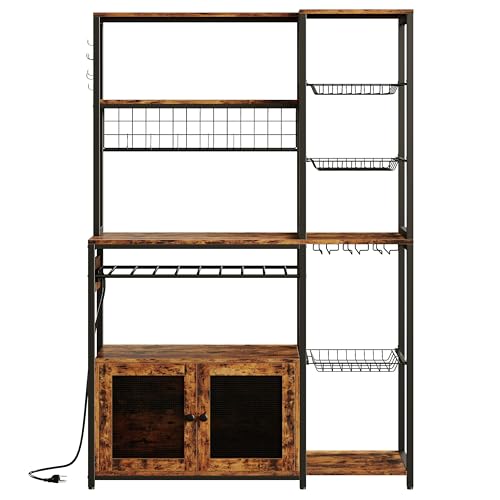 IRONCK Bakers Rack with Power Outlet, 45.5" W Kitchen Racks and Shelves | Chic Rustic Wood & Iron Frame. Ultimate Space Saver for Small Apartment Kitchens, Dining Beverage Bars, and Coffee Corners