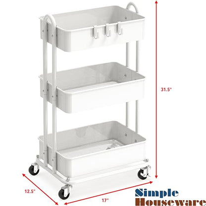 Simple Houseware 3-Tier Heavy Duty Metal Utility Rolling Cart, White - color: White