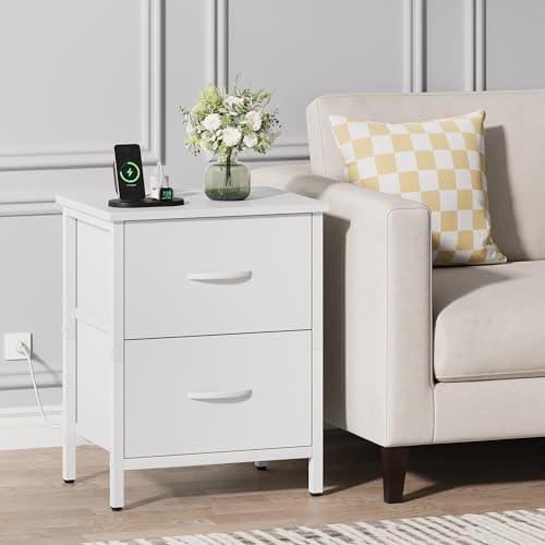 Vagusicc Nightstand with Charging Station, Bedside Table with USB Ports and Outlet, End Table Side Table with 2 Fabric Drawers for Bedroom, Living Room, White - color: White (1 Pack)