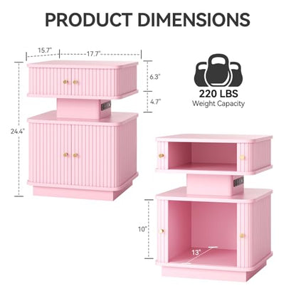 Nightstand with Charging Station, Modern Night Stand with Smart Led Light and 2 Small Sliding Door Cabinets, Curvy Edge, Bedside Table for Bedroom, Pink - color: Pink