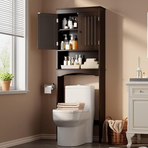 Gizoon Over the Toilet Storage Cabinet with Adjustable Shelf and Double Doors, Bathroom Space Saver Organizer Above Toilet with Open Shelf, Taller Wooden Free Standing Toilet Rack -Espresso - color: Espresso
