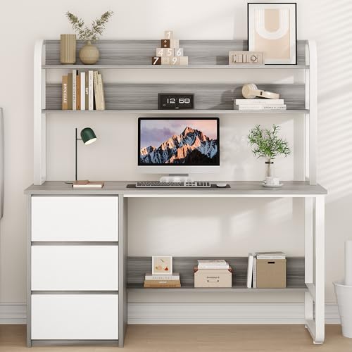 MaverickFurni Computer Desk with Hutch, 55 Inch Home Office Desk with Storage Drawers, Study Writing Desk with Shelves for Bedrrom, Adjustable Feet, Grey - color: Grey, size: 55"W