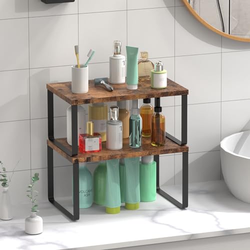 CADUKE Set of 4 Counter Shelves Kitchen Cabinet Shelf Organizer Brown | Countertop Organizer,Counter Top Racks,Stackable, Expandable, Metal and Engineered Wood, for Bathroom - color: Brown