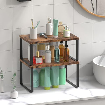 CADUKE Set of 4 Counter Shelves Kitchen Cabinet Shelf Organizer Brown | Countertop Organizer,Counter Top Racks,Stackable, Expandable, Metal and Engineered Wood, for Bathroom - color: Brown
