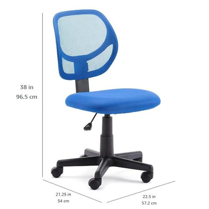 Amazon Basics Low Back Office Chair, Breathable Mesh, Height Adjustable, Padded Seat, Rolling Wheels, Swivel, Blue, 21.25" D x 22.5" W x 38" H - color: Blue