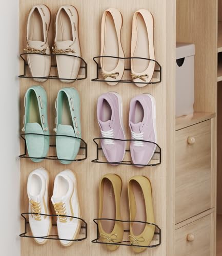 Wall Mounted Shoe Rack 6PCS, with Sticky Hanging Strips, Metal Wall Shoe Storage, Hanging Shoe Organizer for Door/RV/Wall