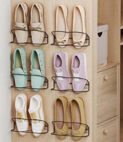 Wall Mounted Shoe Rack 6PCS, with Sticky Hanging Strips, Metal Wall Shoe Storage, Hanging Shoe Organizer for Door/RV/Wall