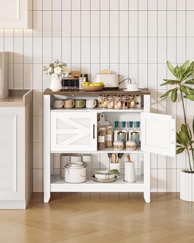 CHOEZON Console Table, Farmhouse Sofa Table with Power Outlet, Coffee Bar Cabinet with Storage, Entryway Table, Coffee Bar Table, for Entrance, Hallway, Kitchen, White and Walnut MXG01UWL