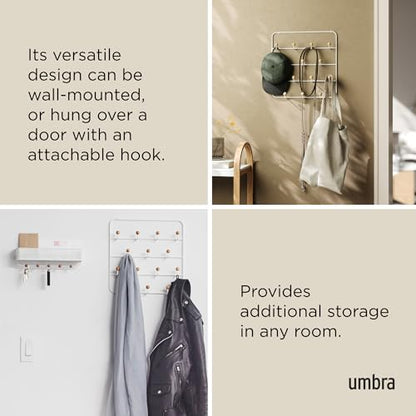 Umbra Estique Coat Rack, Over the Door Wall Hooks, 14 Hook, White/Natural | Steel, snag-free wooden pegs, fits doors to 1.6 inch, power coated finish