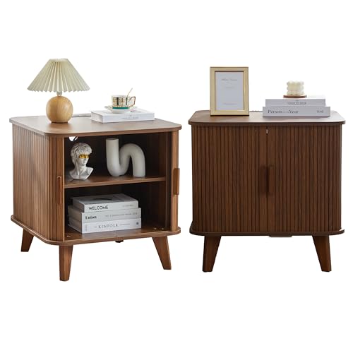 24 Inch Nightstands Set of 2, Mid-Century End Table with Charging Station 2AC+3USB, Wood Storage Side Table with Sliding Door for Sofa, Couch, Bed (2XSquare, Walnut) - color: Walnut, size: 24"-Square
