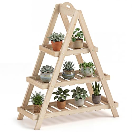 Giantex 3-Tier Plant Stand Indoor, 28.5" Wood Flower Pot Plant Display Shelf, Ladder Plant Holder Rack w/ Slatted Shelves for Indoor & Outdoor, Living Room, Entryway, Patio, Garden & Balcony (Natural) - color: Natural