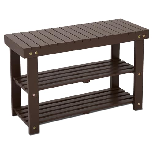 Acacia Wooden Shoe Rack Bench for Entryway, 3-Tier, Brown | Sturdy shoe organizer for entryway, bench with shelf, solid acacia wood shoe storage for doorway, hallway & bathroom, 300 LBS - color: Brown, size: 11"d X 27.6"w X 17.8"H