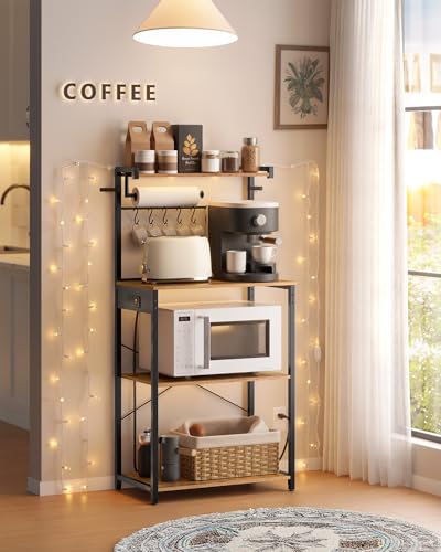 VASAGLE BARNET Collection - Kitchen Bakers Rack with Power Outlet, 23.6-Inch Wide Coffee Bar 4-Tier with 8 S Hooks, Modern Microwave Stand, Adjustable Shelf, Rustic Brown and Ink Black UKKS014K01V1 - color: Rustic Brown + Ink Black, size: 23.6"W