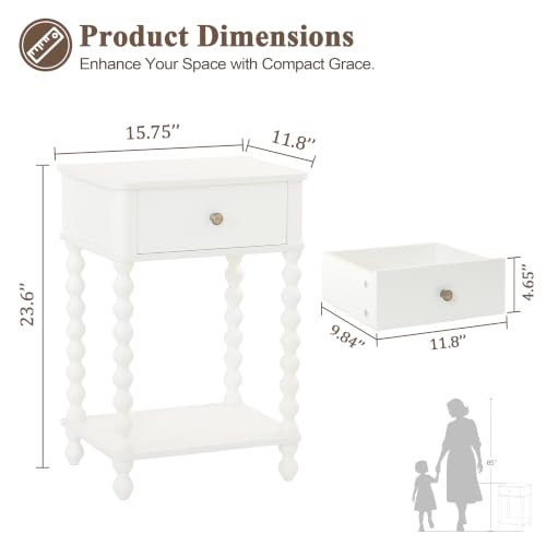 AWASEN White Nightstand, Small Side Table with Drawer for Living Room, Farmhouse End Bedside Table with Spindle Wood Legs for Bedroom, Office, White - color: White